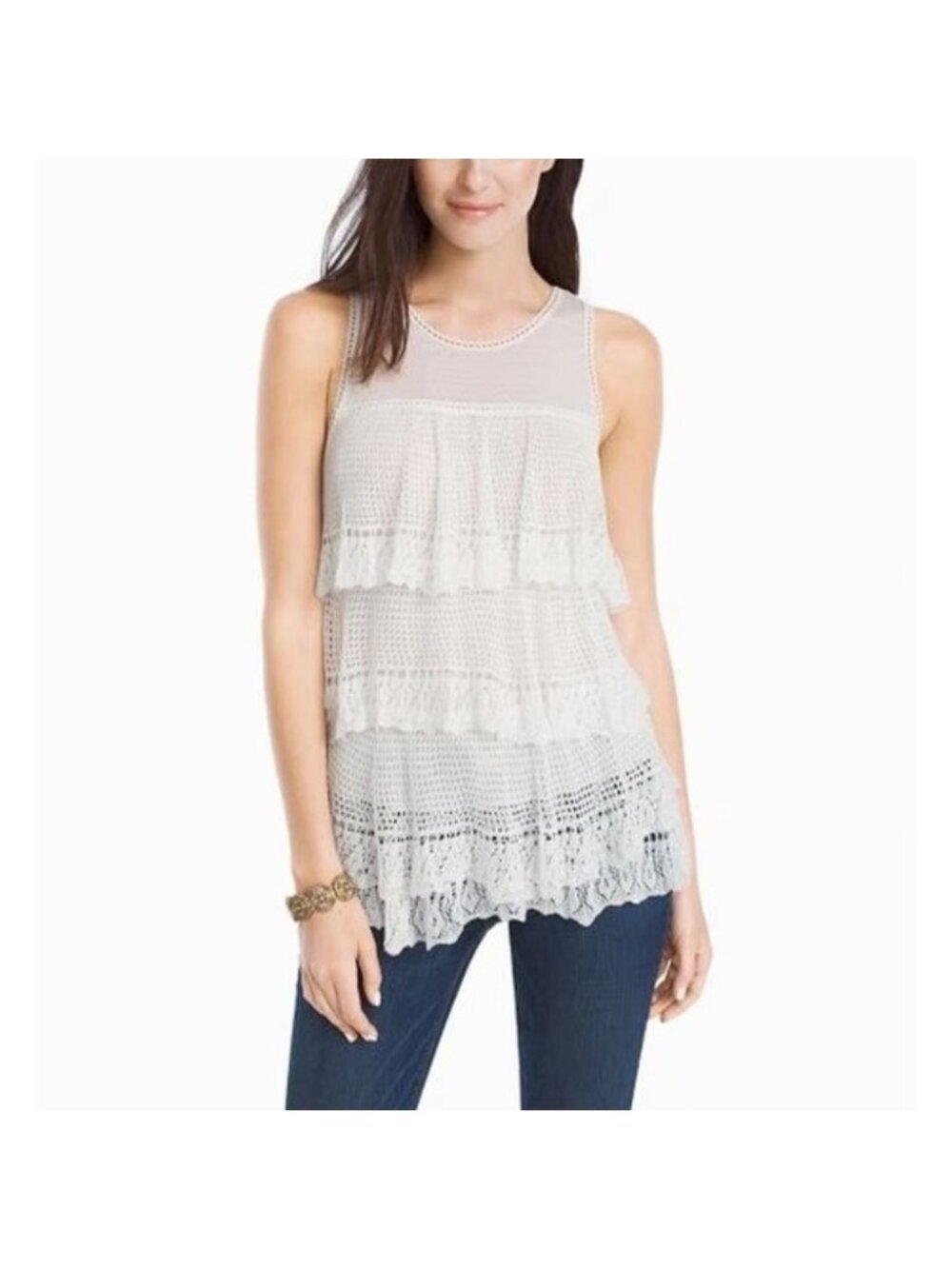 White House Black Market Size L White Sleeveless Tiered Ruffled Tank Sweater Top